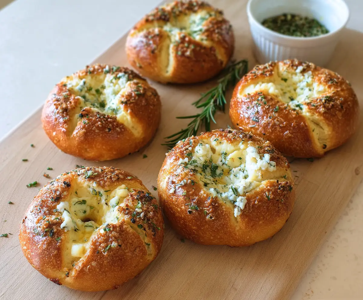 Cream cheese stuffed garlic bagels fresh out of the oven, showcasing golden crust and creamy filling.