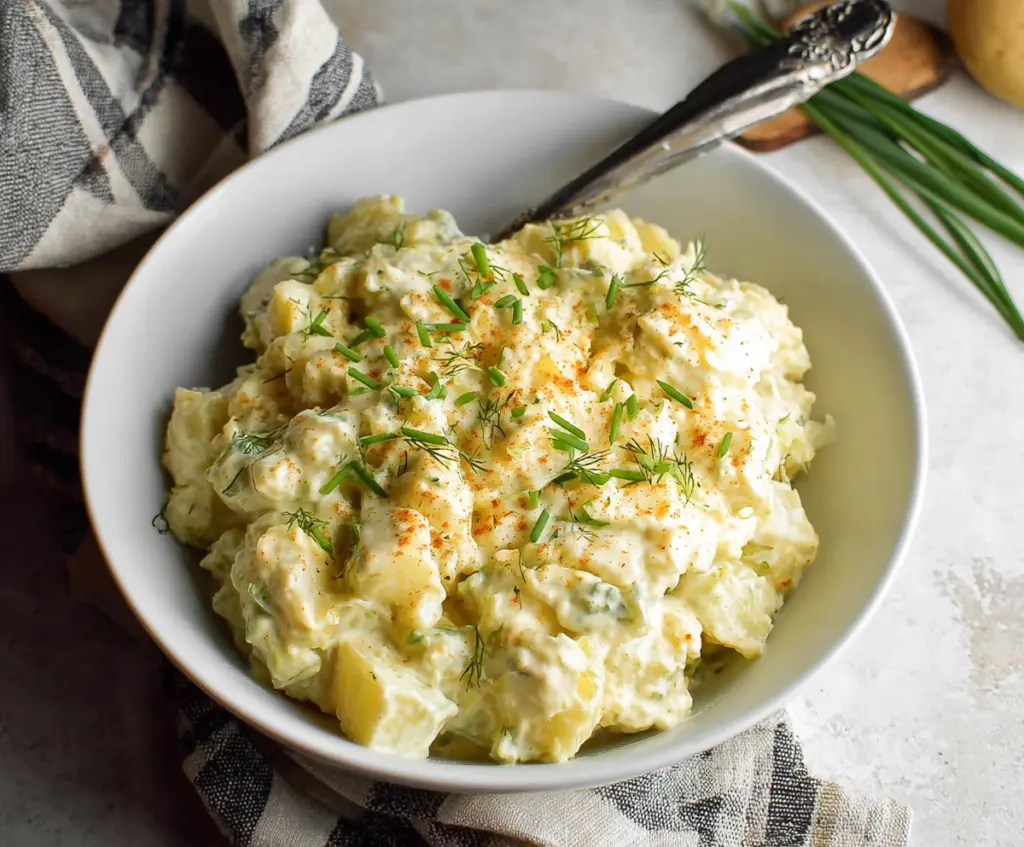Creamy potato salad with mayonnaise, fresh herbs, and boiled potatoes, perfect for picnics and family gatherings.