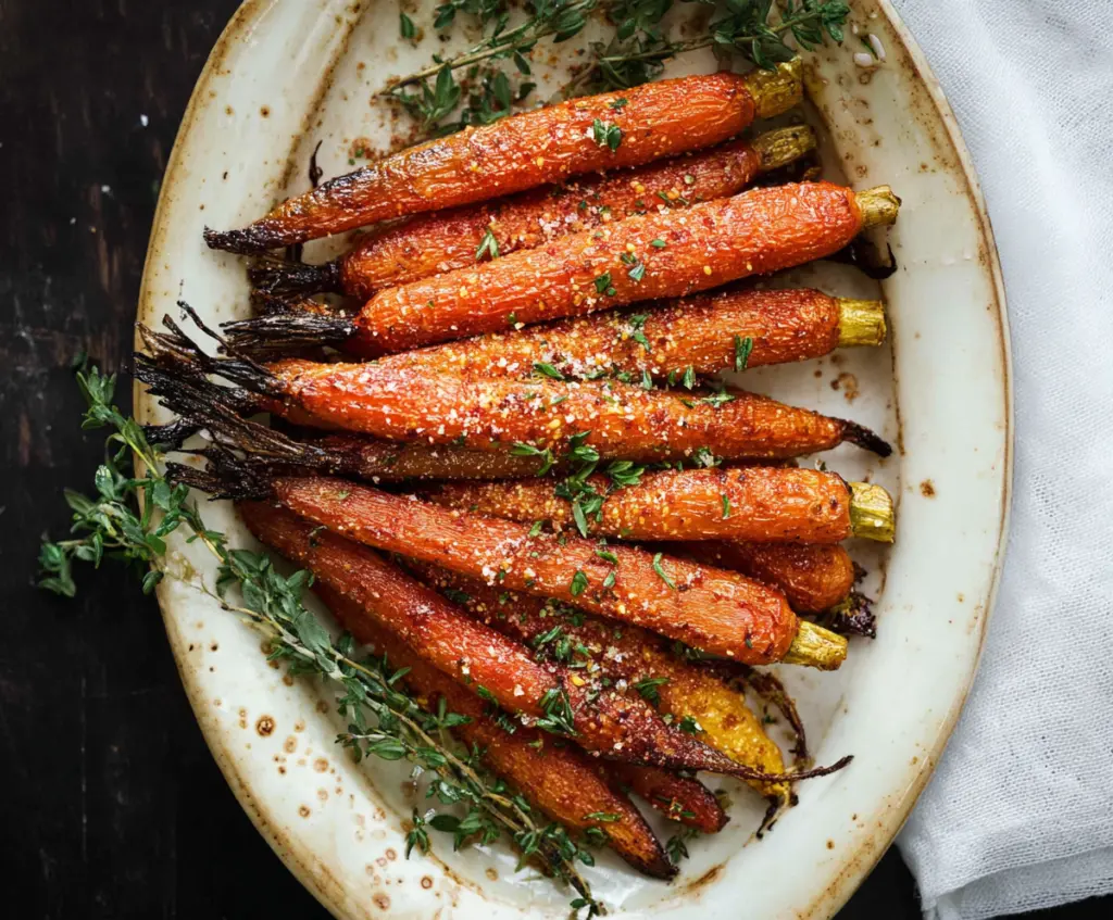 Delicious crispy roasted carrots garnished with herbs on a white plate