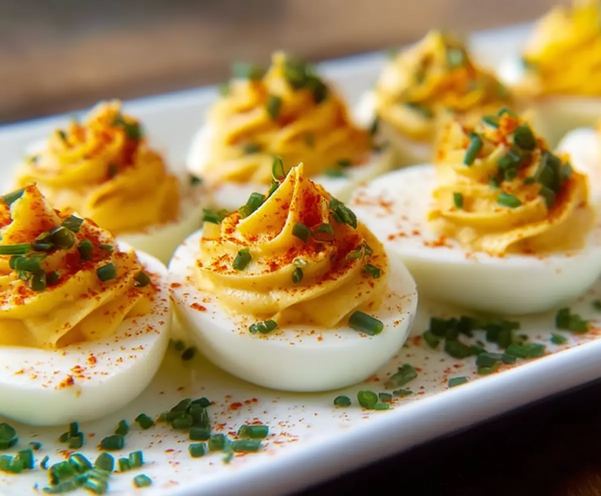Classic deviled eggs garnished with paprika on a white platter, perfect for parties and appetizers.