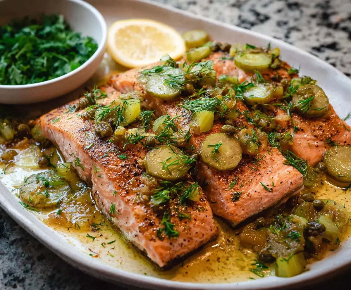 Delicious Dill Pickle Salmon dish garnished with fresh herbs, perfect for a flavorful seafood meal.
