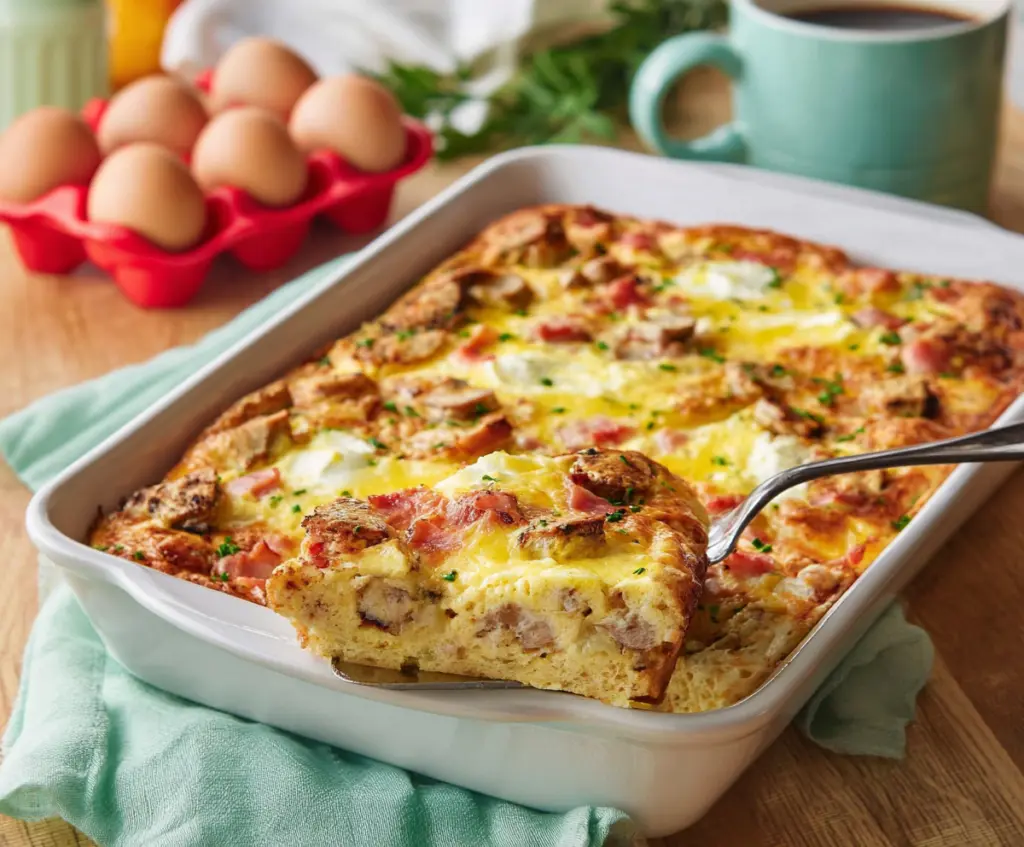 Delicious Easter Breakfast Casserole with eggs, cheese, and fresh herbs in a serving dish.