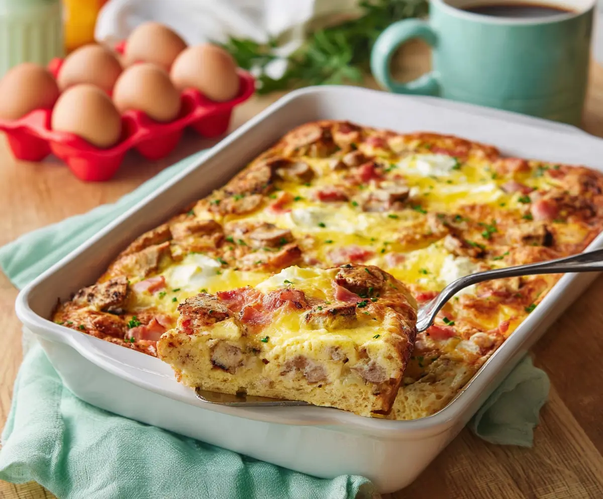 Delicious Easter Breakfast Casserole with eggs, cheese, and fresh herbs in a serving dish.