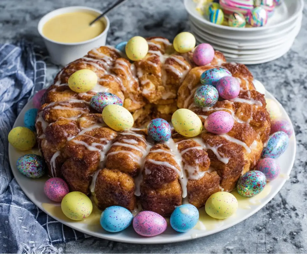 Delicious Easter Brunch Monkey Bread served on a festive table with fresh fruit and coffee
