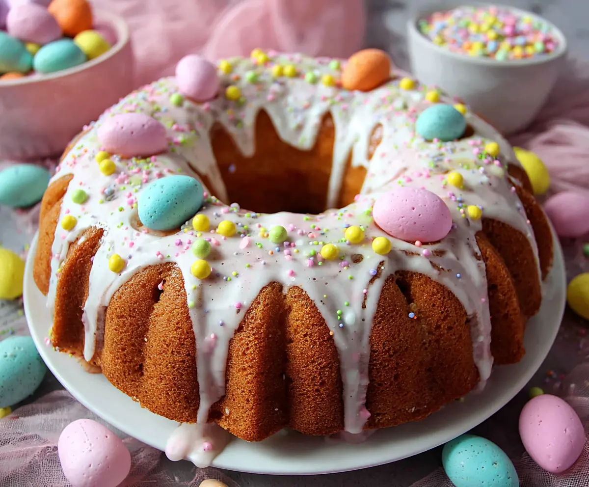 Festive Easter Bundt Cake decorated with colorful icing and sprinkles for spring celebration