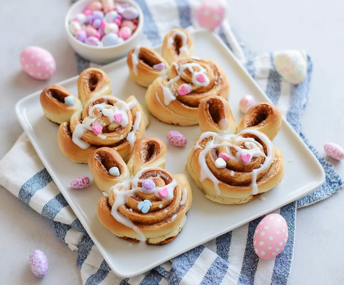 Delicious Easter Bunny Cinnamon Rolls with sweet frosting and festive decorations for Easter celebration.