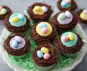 Delicious Easter Egg Nest Cupcakes decorated with colorful candies and green frosting, perfect for spring celebrations