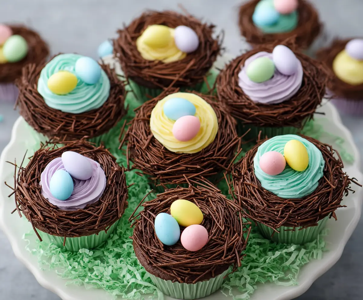 Delicious Easter Egg Nest Cupcakes decorated with colorful candies and green frosting, perfect for spring celebrations