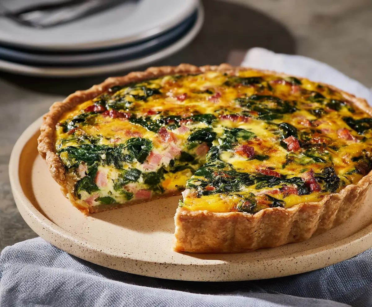 Delicious Easter ham and spinach quiche on a serving plate, perfect for holiday brunch