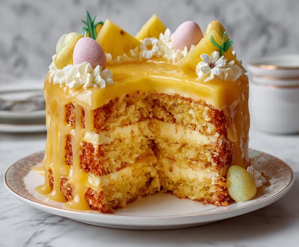 Delicious Easter Pineapple Heaven Cake with colorful frosting and pineapple slices for festive celebrations.