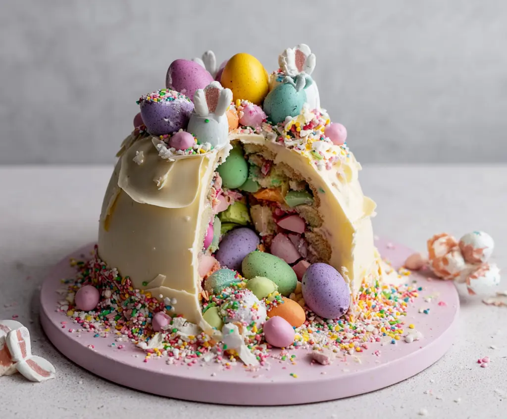 Delicious Epic Easter Egg Smash Cake with colorful decorations for Easter celebration