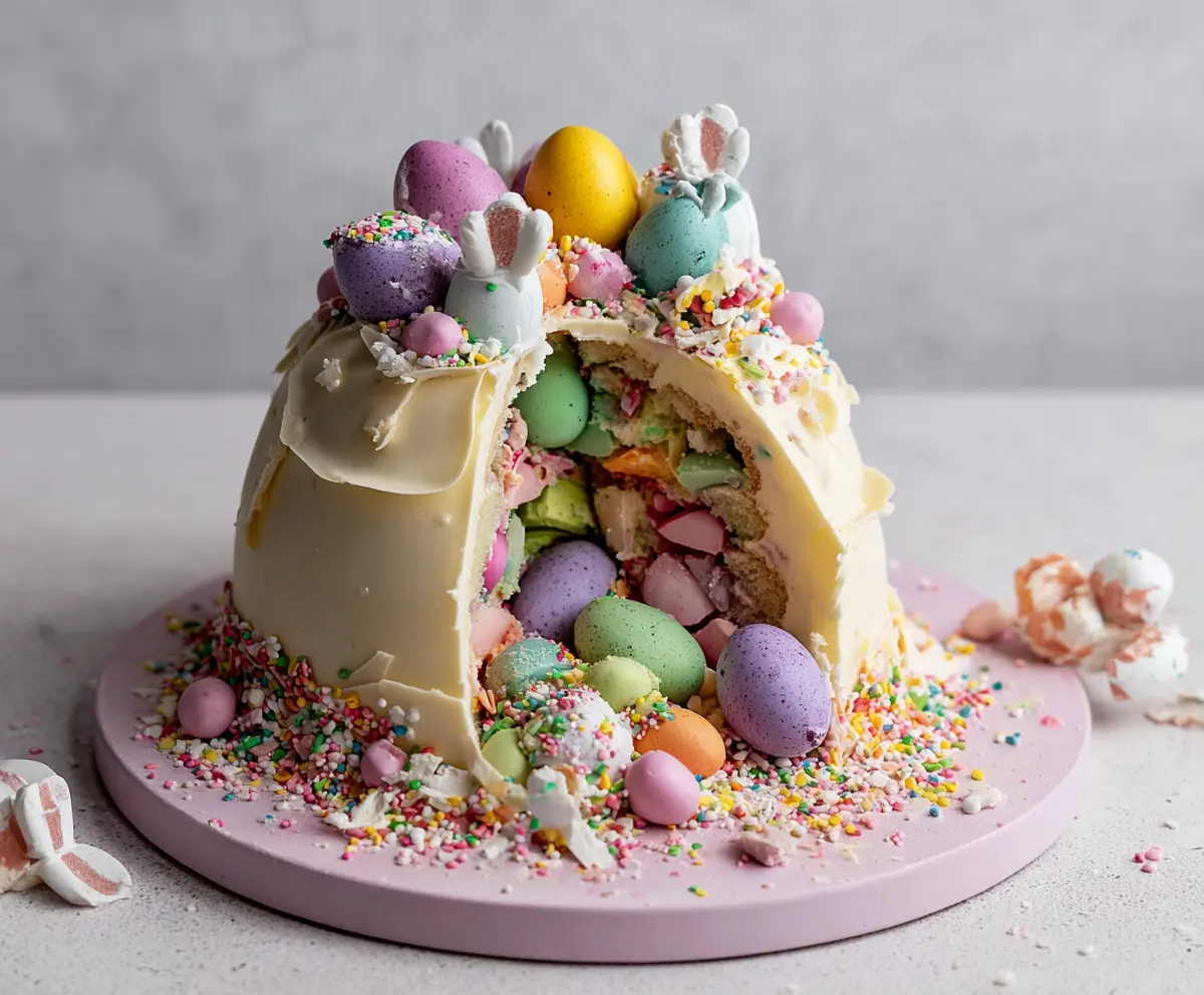 Delicious Epic Easter Egg Smash Cake with colorful decorations for Easter celebration