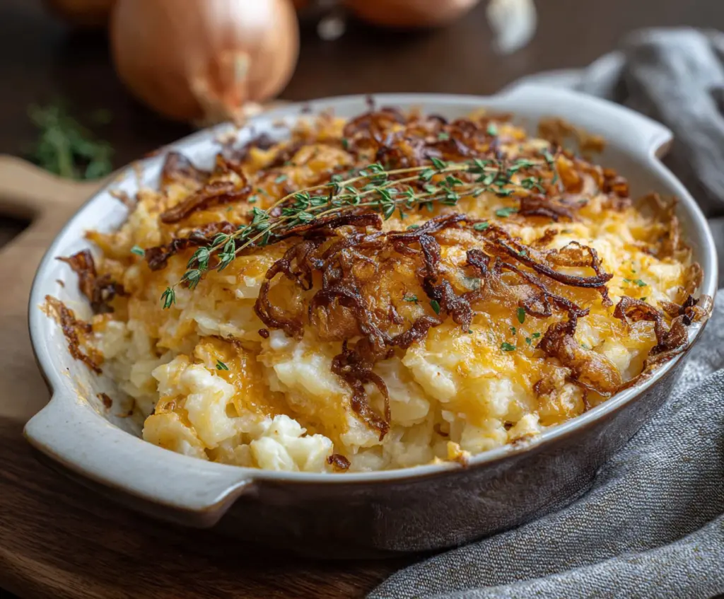 Creamy French Onion Funeral Potatoes topped with melted cheese and crispy onions on a serving dish.