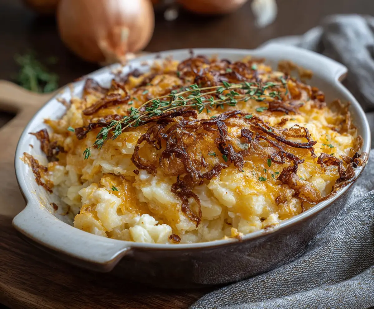 Creamy French Onion Funeral Potatoes topped with melted cheese and crispy onions on a serving dish.