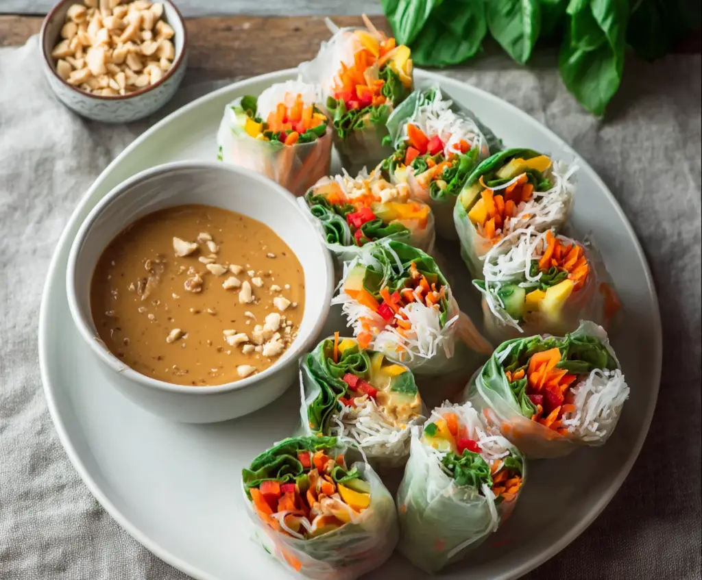 Colorful fresh spring rolls filled with vegetables and herbs served with creamy peanut sauce.