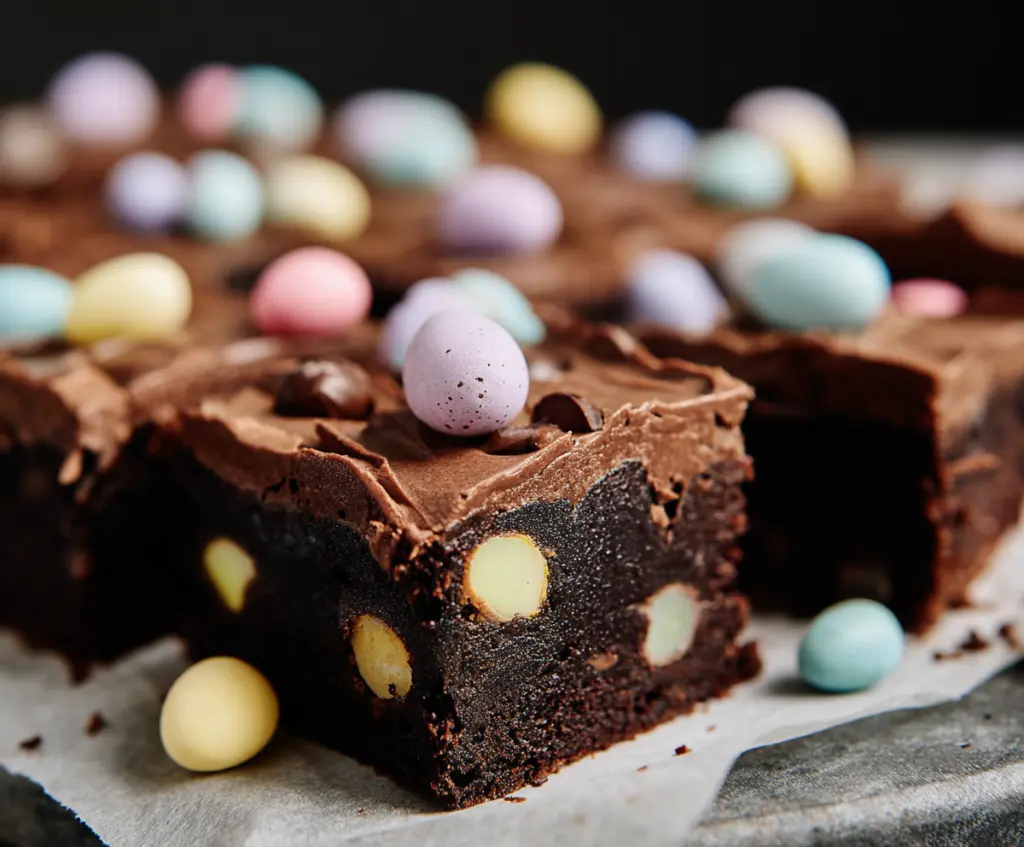 Delicious Frosted Mini Egg Easter Brownies with colorful mini eggs on top, perfect for holiday celebrations.