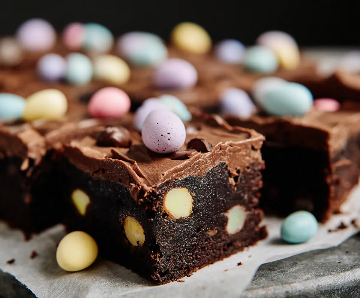 Delicious Frosted Mini Egg Easter Brownies with colorful mini eggs on top, perfect for holiday celebrations.
