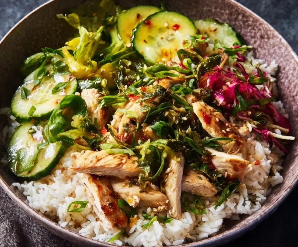 Delicious Ginger Scallion Chicken Bowl with fresh green scallions and tender cooked chicken on a white plate.