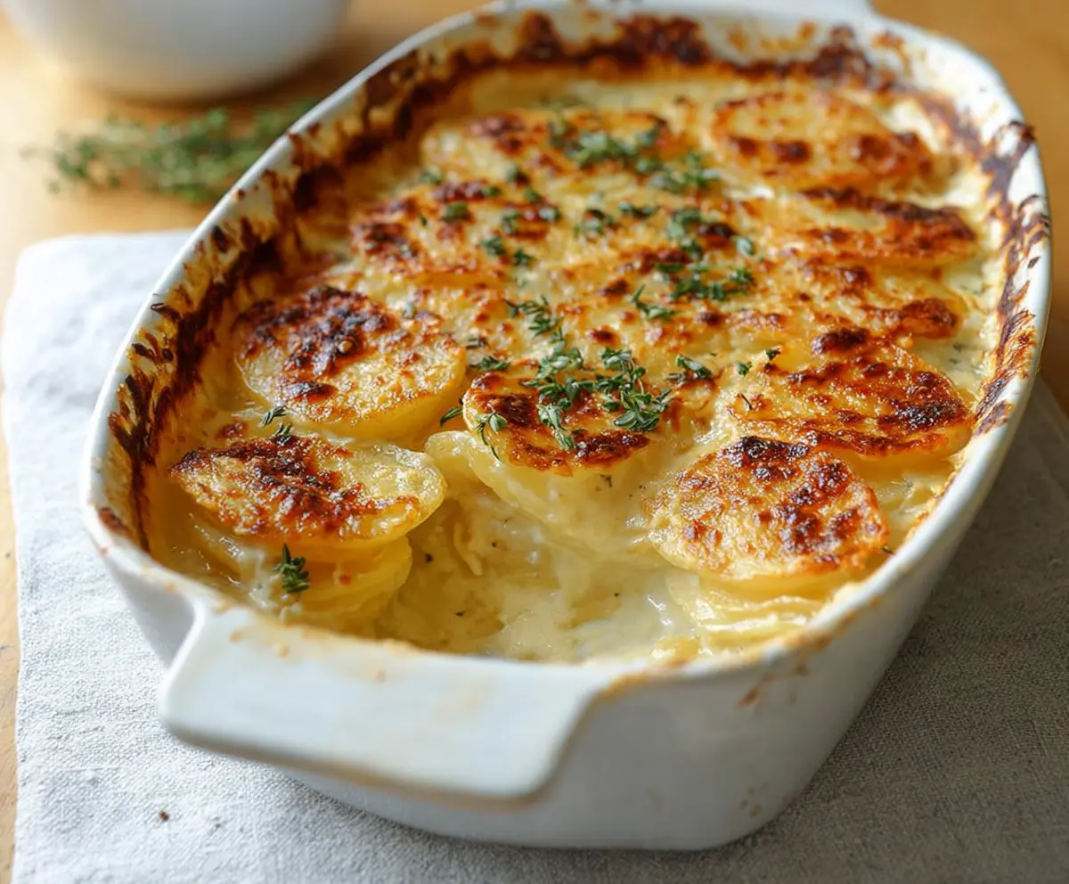 Delicious Gordon Ramsay Potato Gratin with golden cheese crust served in a rustic dish.
