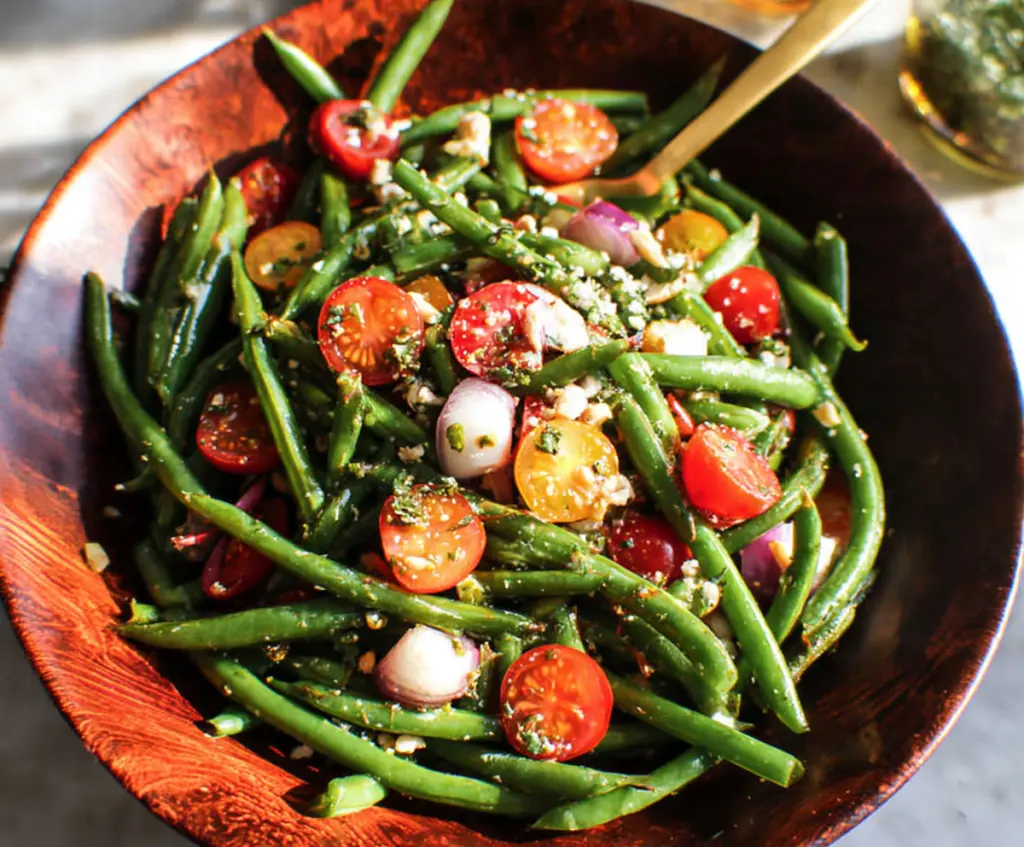 Fresh green bean salad with cherry tomatoes and herbs, perfect for a healthy appetizer