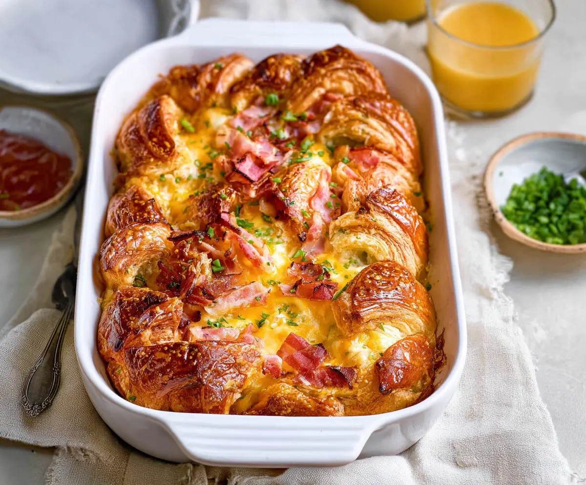 Delicious Ham and Cheese Croissant Brunch Bake served hot for breakfast or brunch.