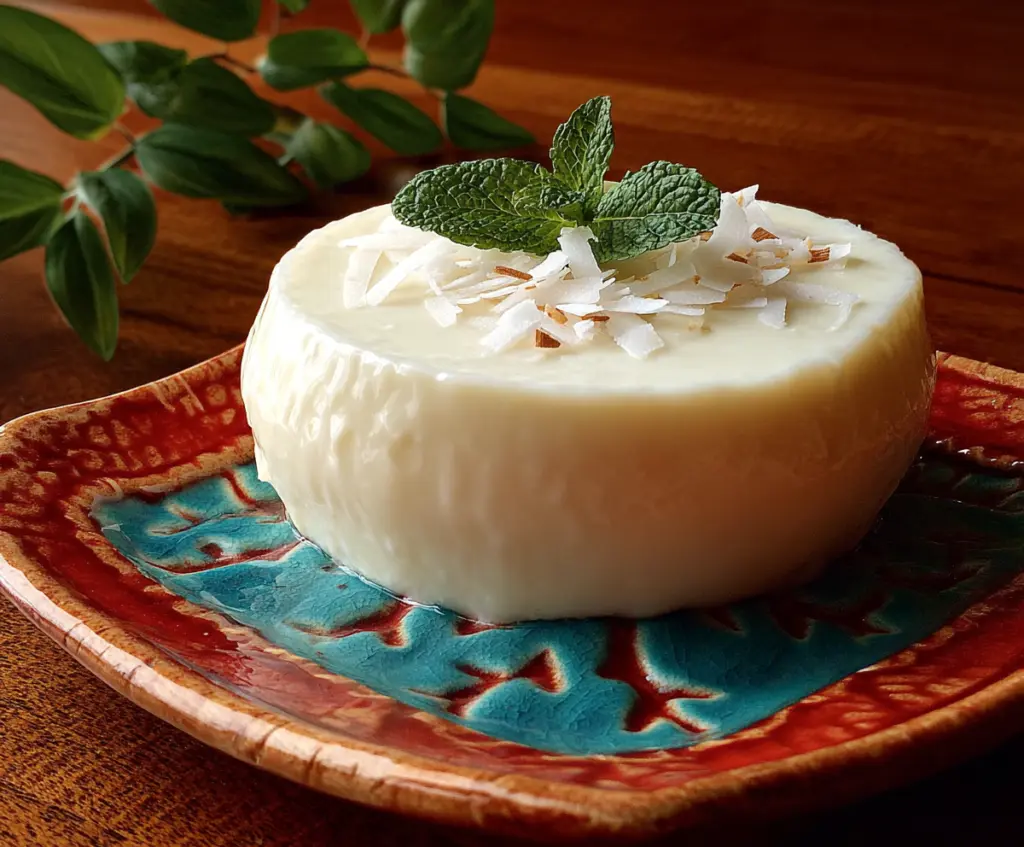 Delicious Hawaiian Coconut Pudding garnished with shredded coconut and tropical fruit slices.
