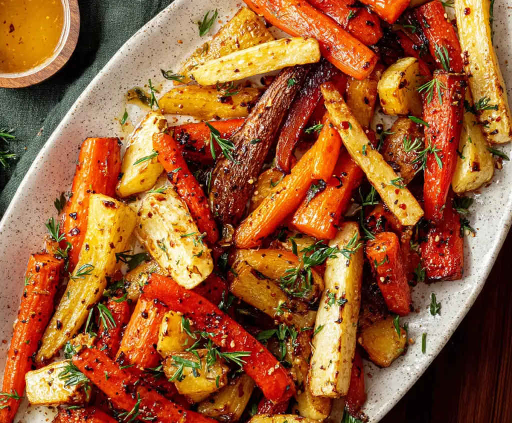 Honey garlic roasted carrots and parsnips served on a white plate, highlighting a delicious glazed vegetable dish.