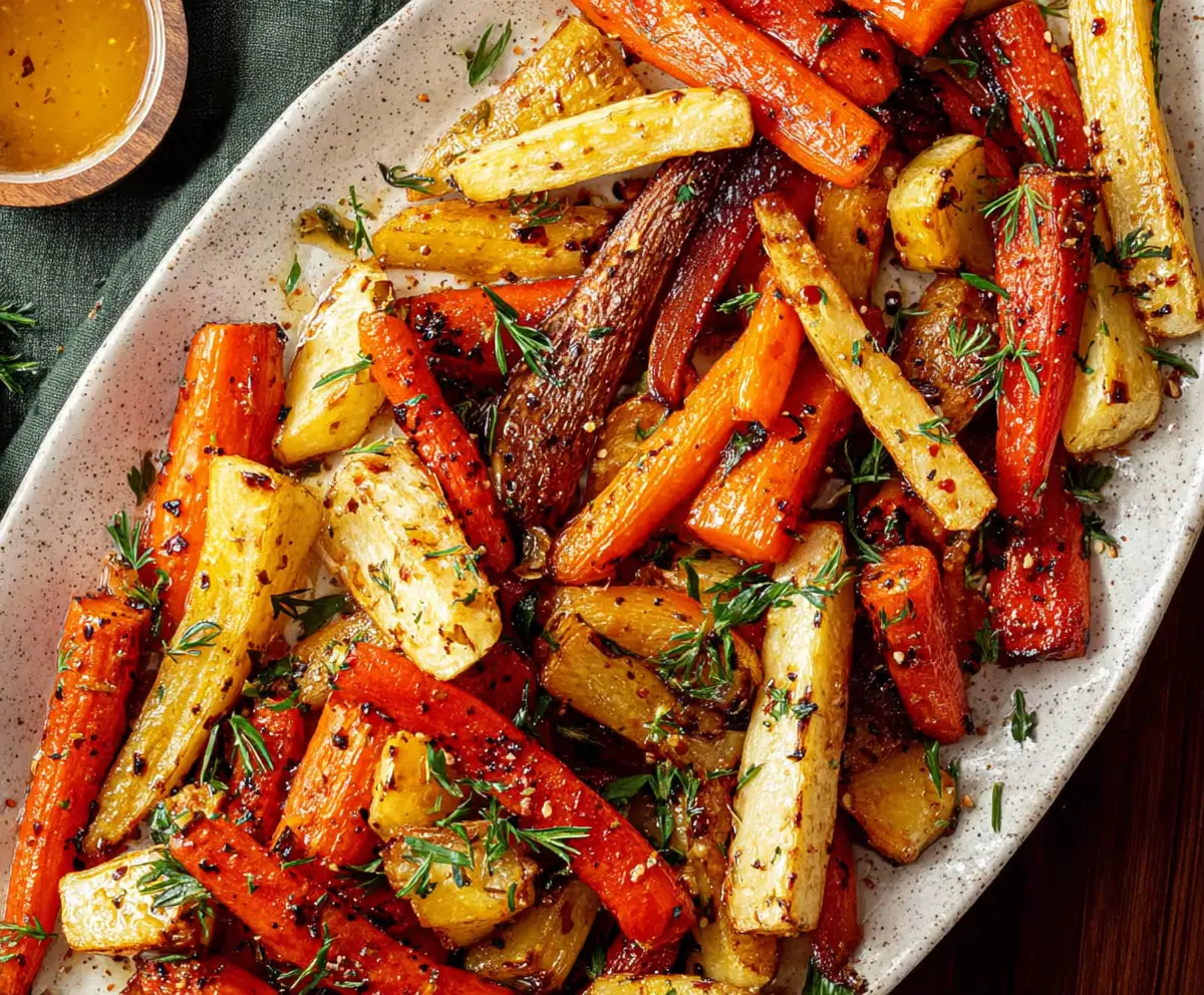 Honey garlic roasted carrots and parsnips served on a white plate, highlighting a delicious glazed vegetable dish.