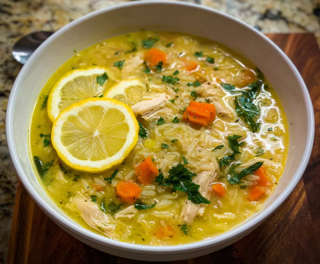 Delicious Lemon Ginger Turmeric Chicken and Rice Soup served in a bowl with fresh herbs.