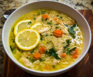 Delicious Lemon Ginger Turmeric Chicken and Rice Soup served in a bowl with fresh herbs.