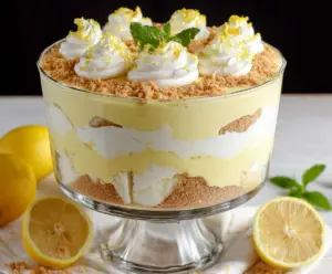 Delicious Lemon Lush Trifle in a glass bowl with layered lemon filling and fluffy whipped topping.