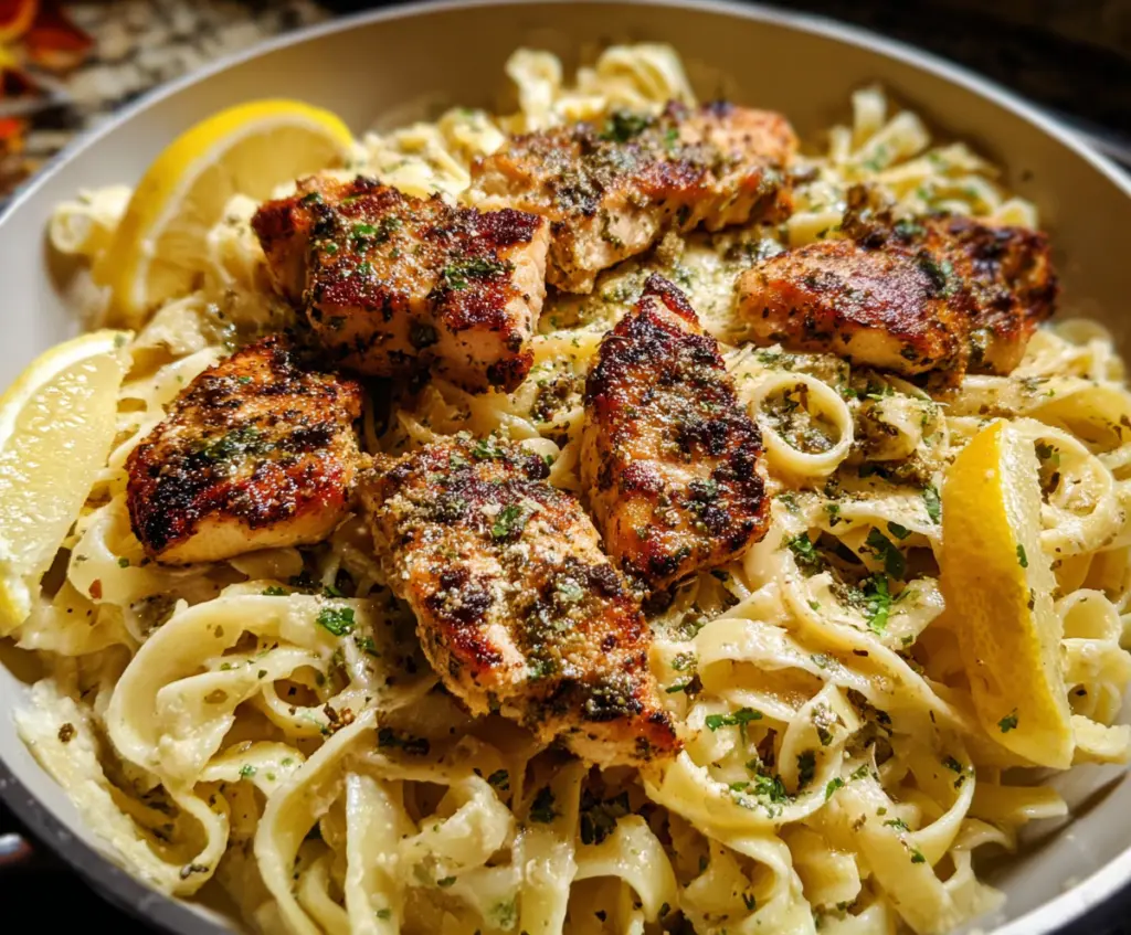 Delicious Lemon Pepper Chicken Pasta with fresh lemons and herbs on a white plate.