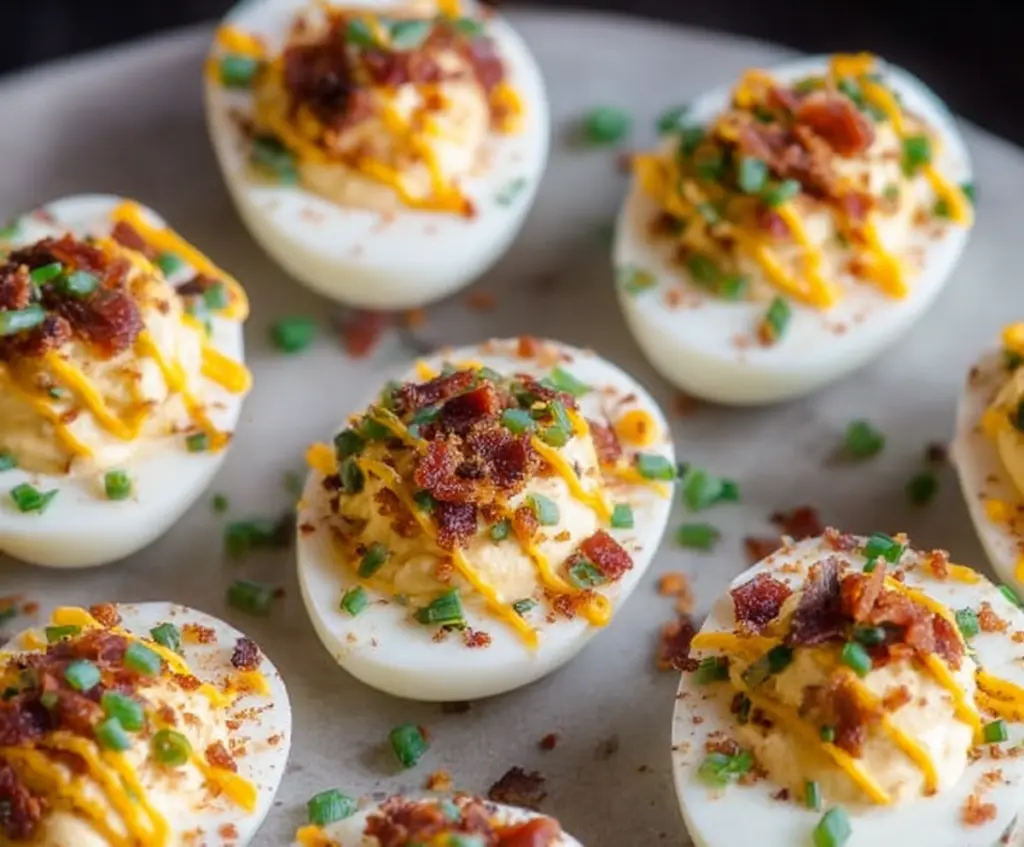 Delicious loaded deviled eggs topped with bacon and chives for a savory appetizer