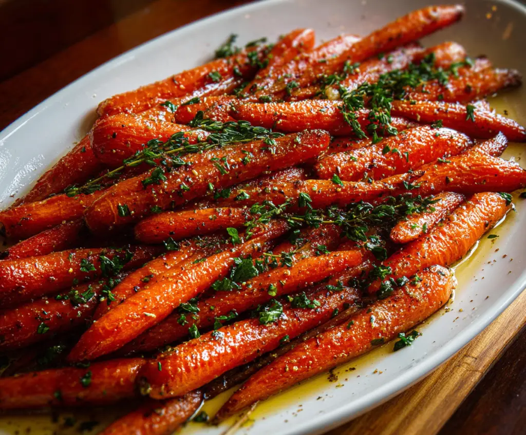 Delicious maple glazed carrots garnished with fresh herbs on a white plate.