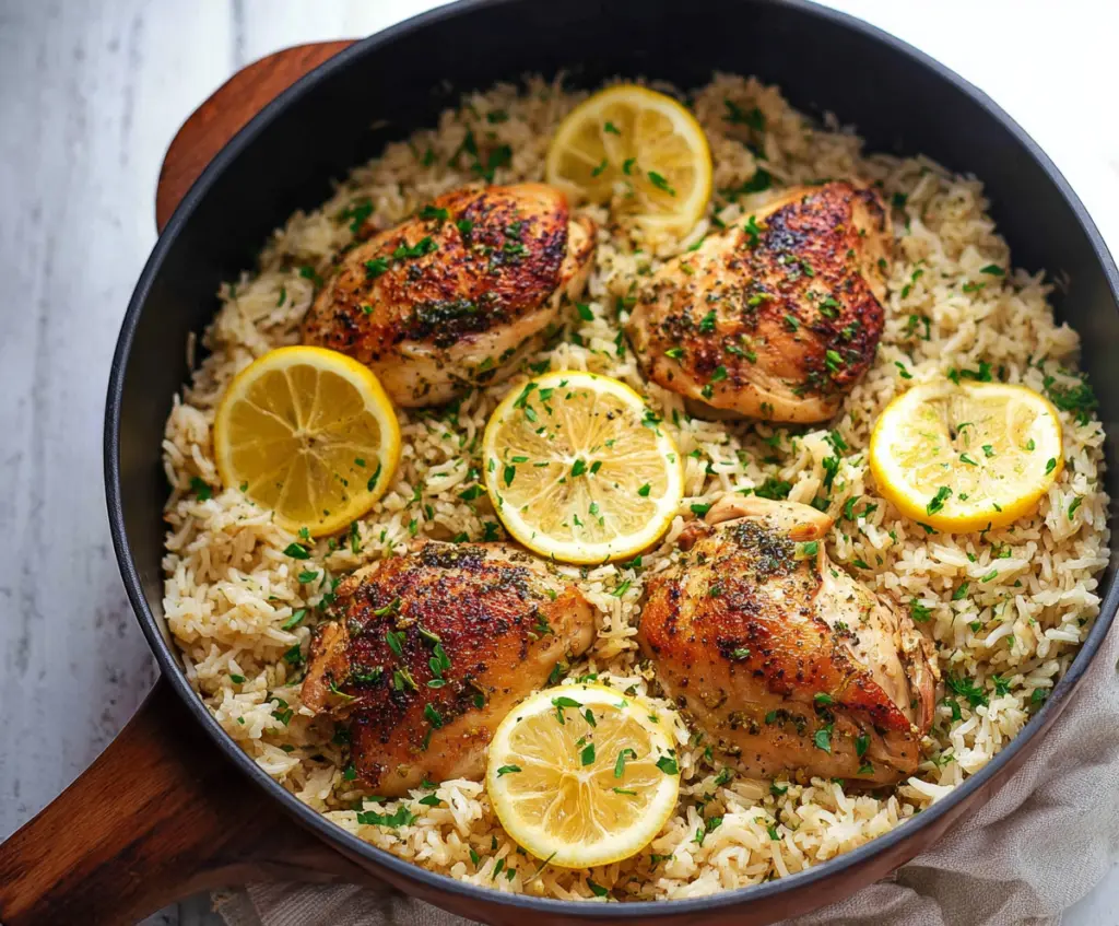 Delicious one-pan lemon herb chicken and rice served on a plate, garnished with fresh herbs.