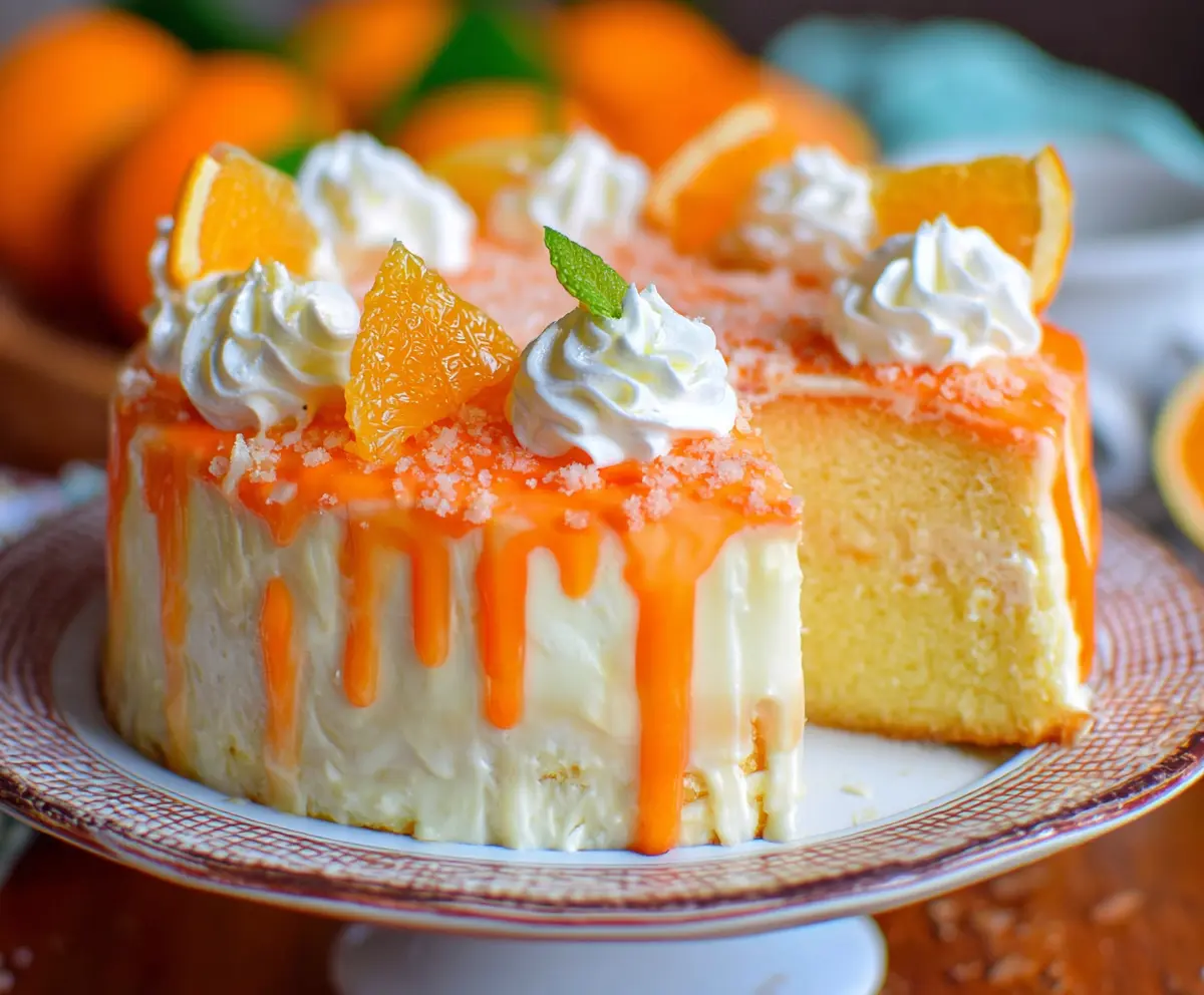 Delicious Orange Creamsicle Cake with bright orange frosting and creamy filling, perfect for summer desserts.