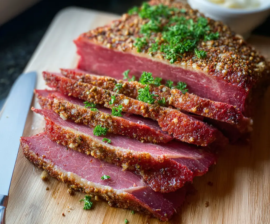 Juicy oven-roasted corned beef cooked to perfection, served hot on a platter.