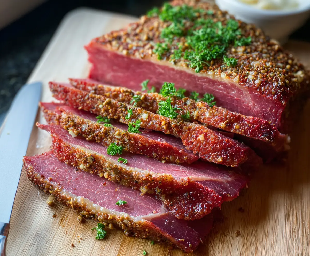 Juicy oven-roasted corned beef cooked to perfection, served hot on a platter.