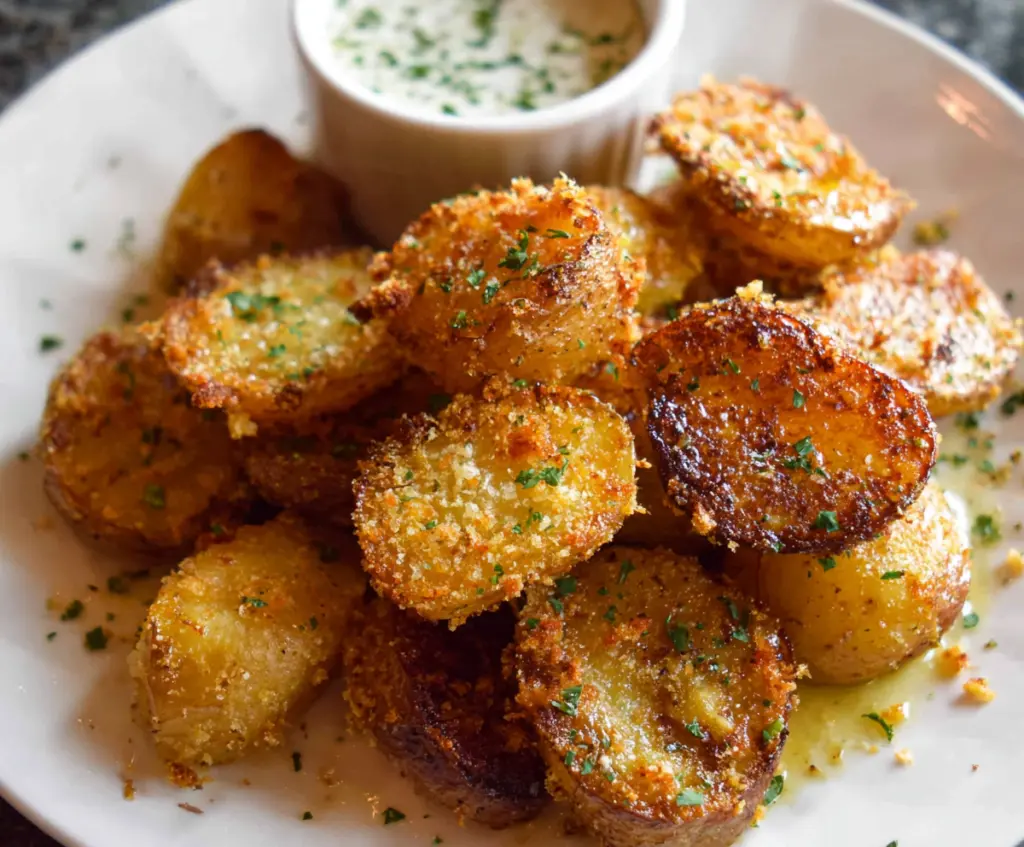 Golden Parmesan crusted baby potatoes served as a delicious side dish.