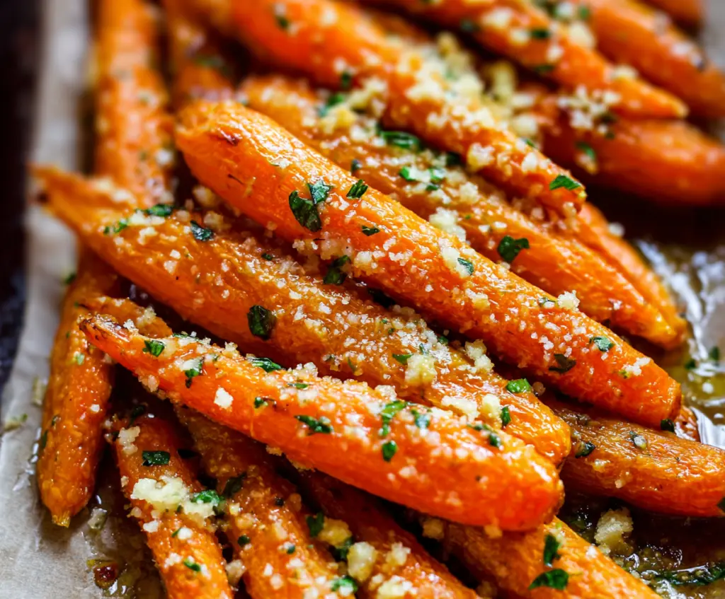 Delicious Parmesan Garlic Roasted Carrots garnished with fresh herbs, perfect as a healthy side dish.