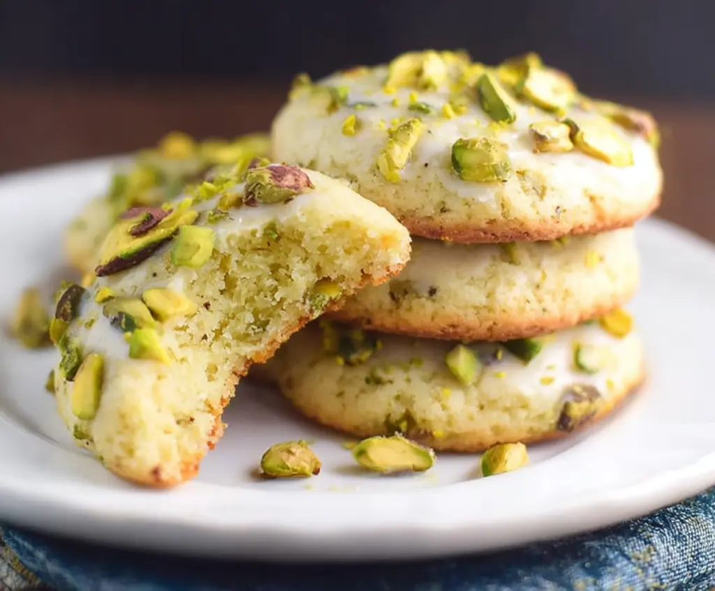 Delicious pistachio lemon cookies on a white plate, garnished with lemon zest and chopped pistachios for a fresh, zesty treat.