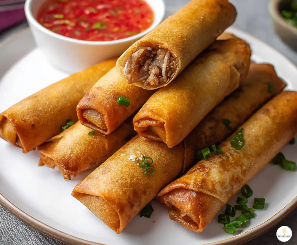 Crispy pork lumpia served with a side of sweet dipping sauce, perfect for Filipino appetizers.
