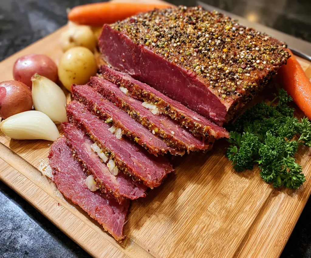Delicious roasted corned beef served with golden crispy edges and tender interior.