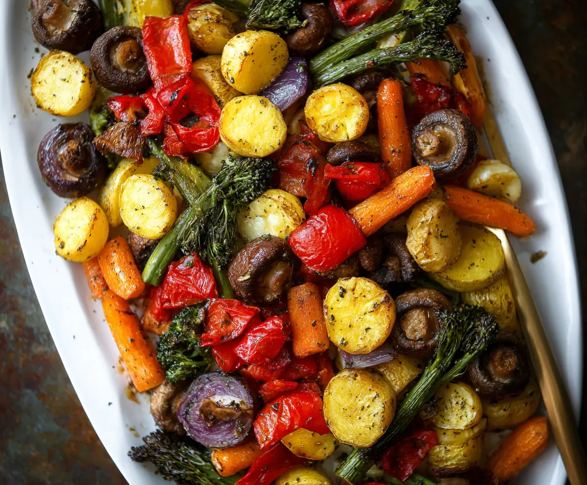 Colorful roasted vegetables served on a baking sheet, perfect for a healthy side dish.