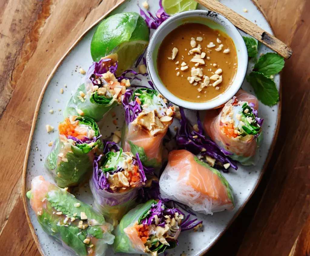 Fresh salmon spring rolls with vegetables and peanut sauce on a white plate.
