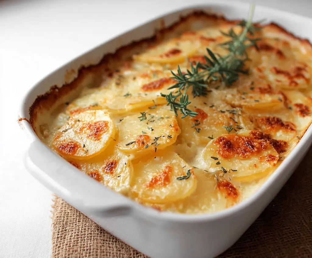 Delicious homemade scalloped potatoes with creamy sauce and golden cheese