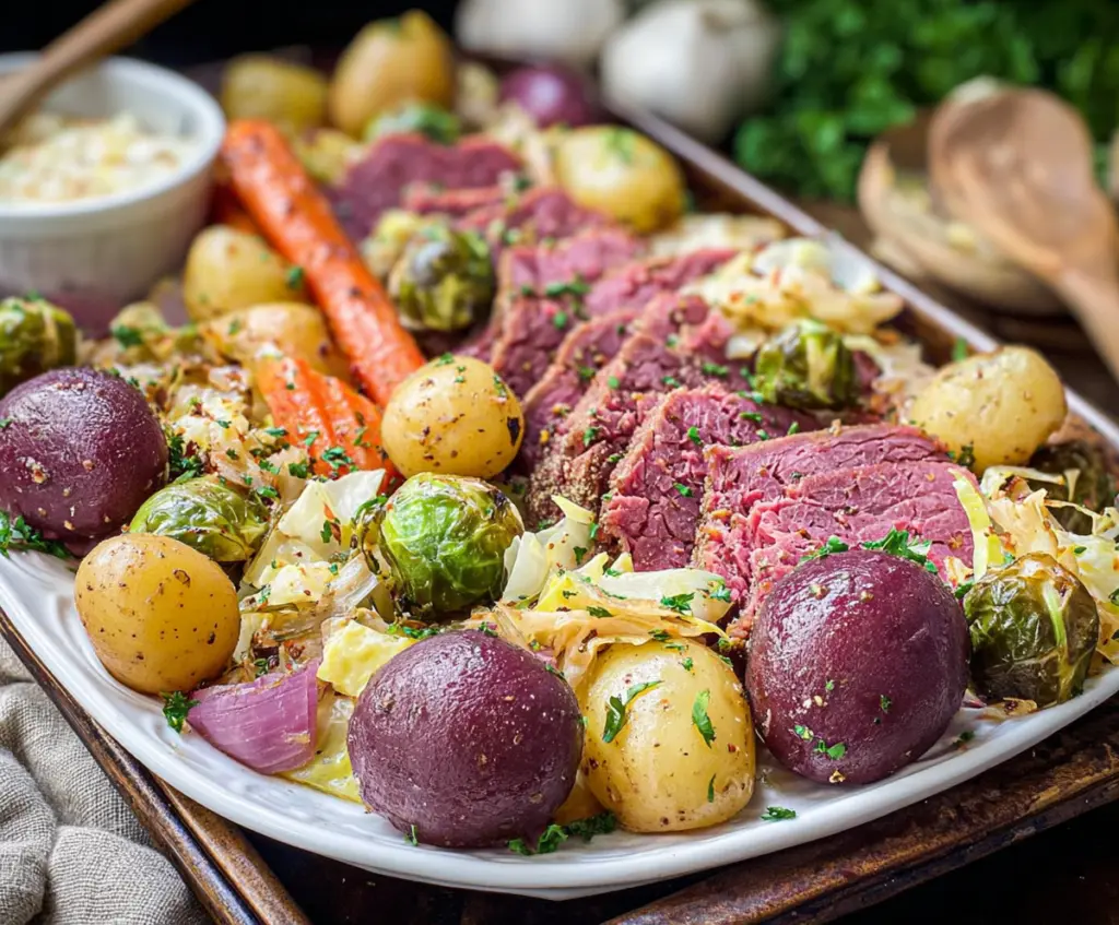 Delicious sheet pan corned beef and cabbage with colorful vegetables for a hearty meal