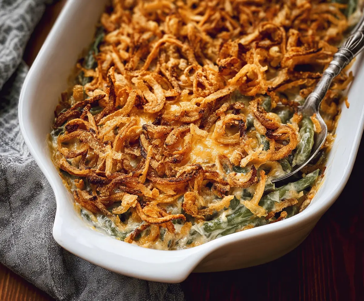Delicious homemade simple green bean casserole with crispy onions and creamy sauce.