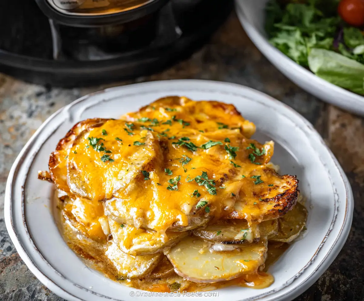 Creamy slow cooker scalloped potatoes topped with melted cheese and herbs, perfect for a comforting family meal.