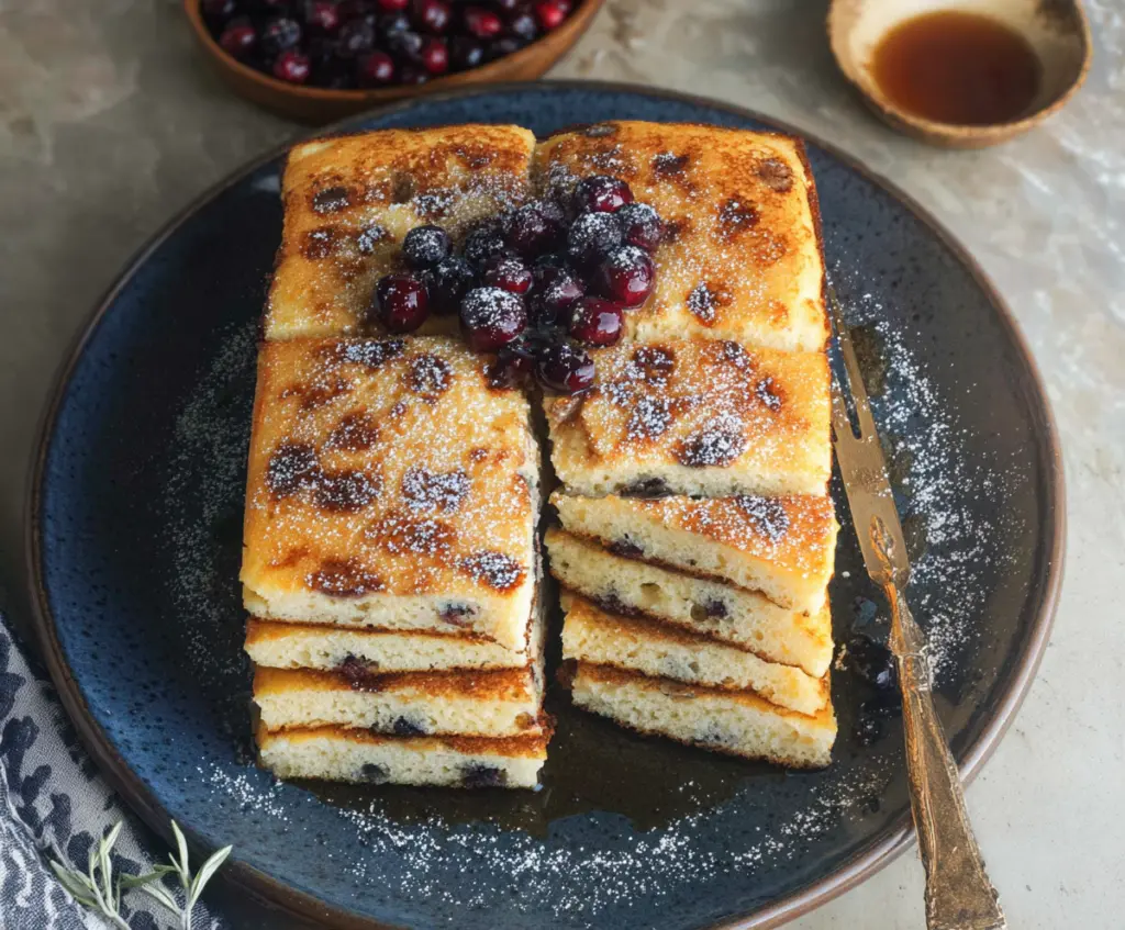 Delicious sourdough discard sheet pan pancakes topped with fresh berries and syrup